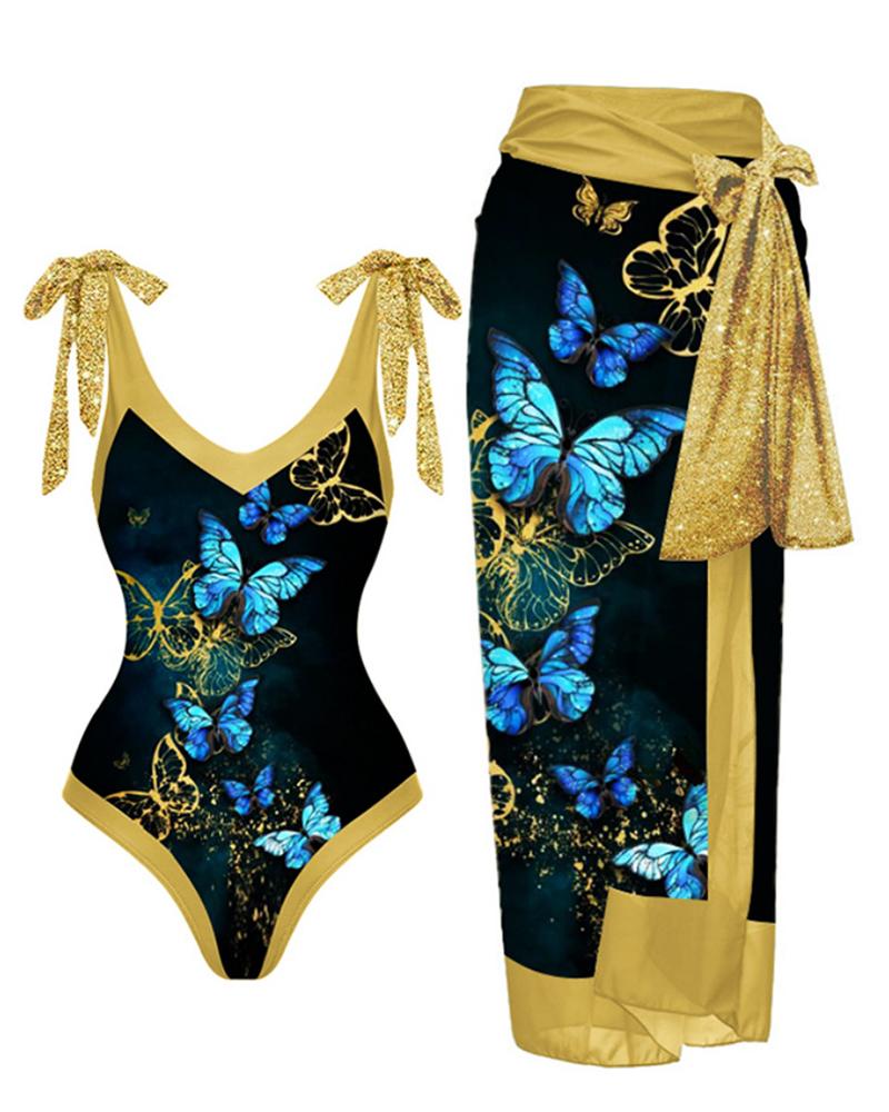 

Butterfly Print Deep V-Neck One Piece Swimsuit With Cover Up, Gold