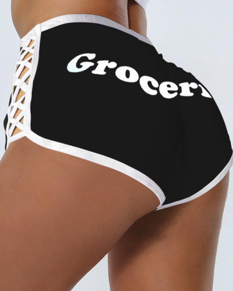 

Colorblock High Waist Letter Print Bandage Shorts, Black
