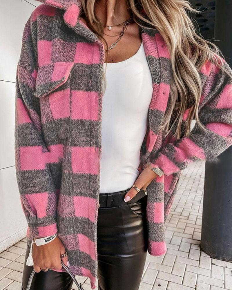 

Plaid Print Flap Detail Button Down Shacket, Pink