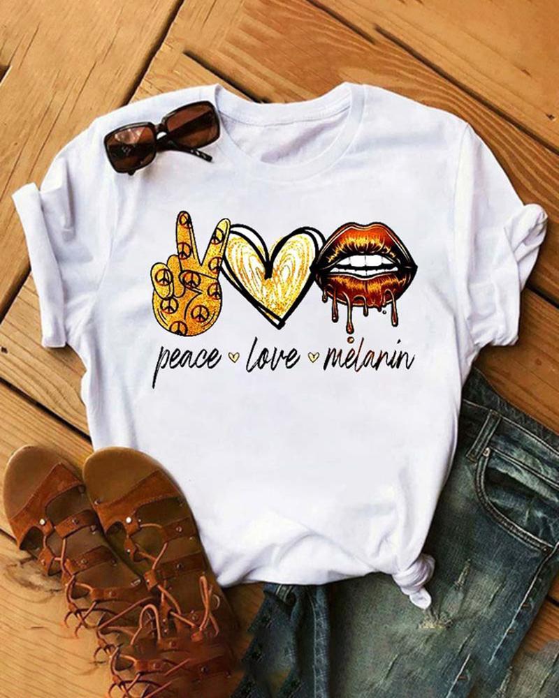 

Plus Size Graphic Peace Love Lip Print Casual T-shirt, White