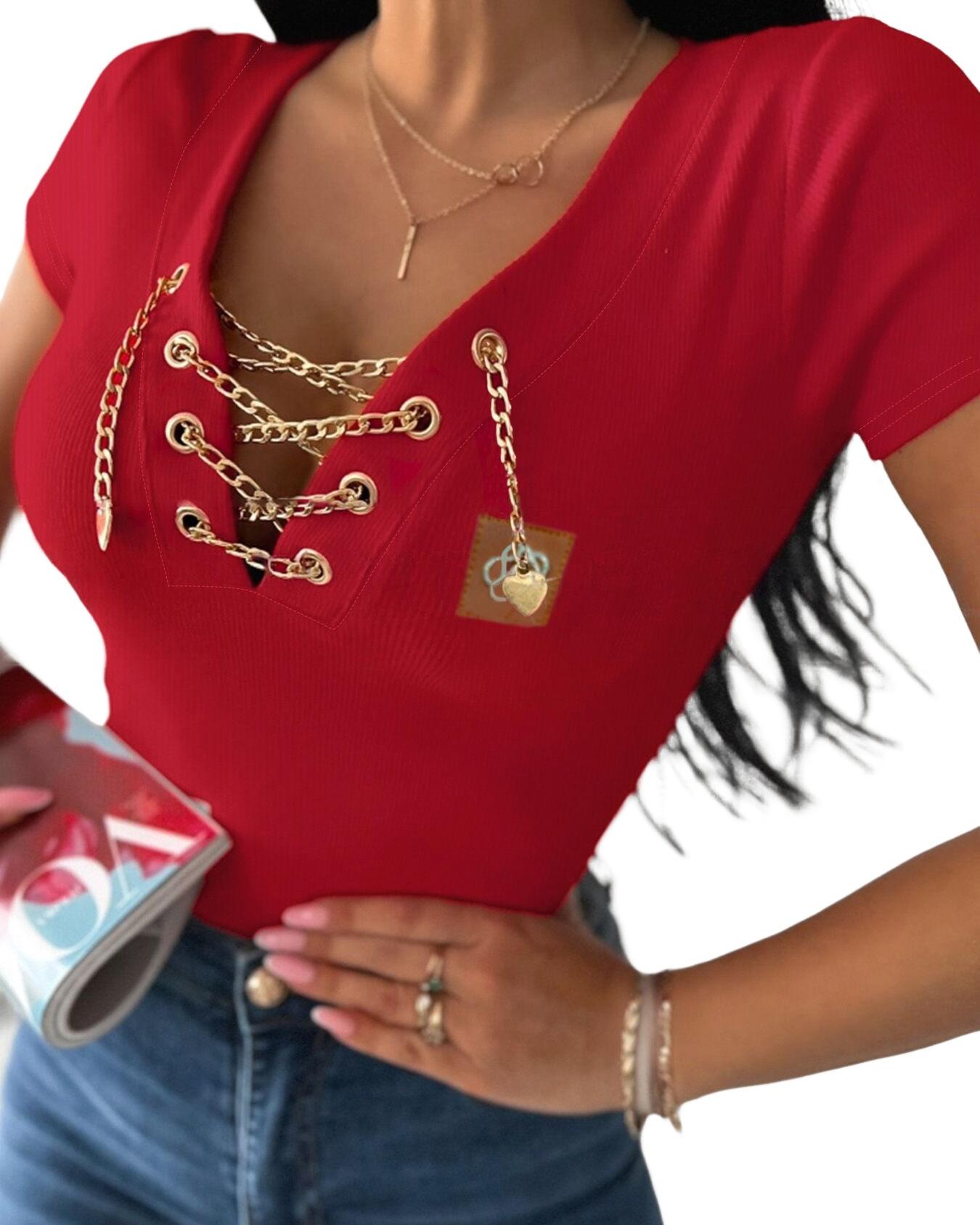 

Chain Decor Lace Up V Neck Short Sleeve T-Shirt Casual Rhinestone Patch Slim Fit Top, Red