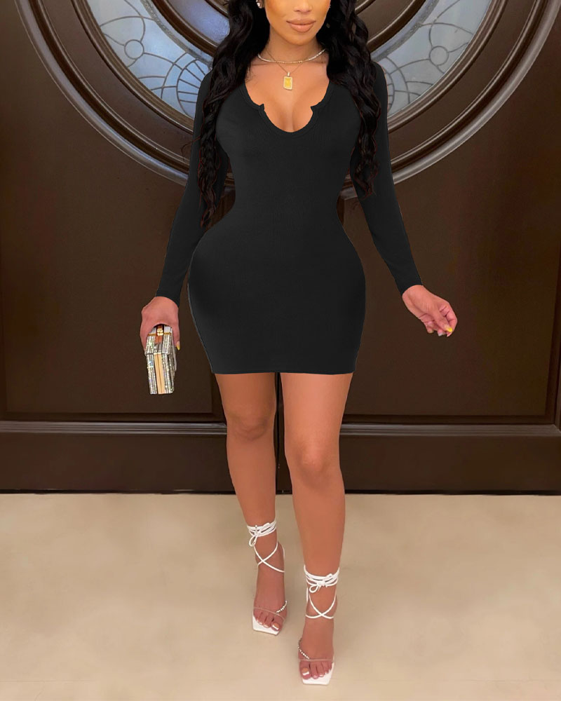 

Ribbed Plunge Long Sleeve Bodycon Dress, Black