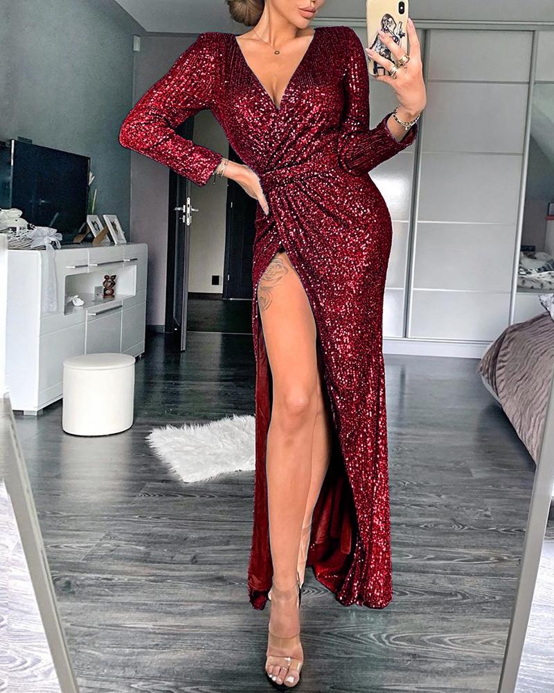 

Wrap Ruched Irregular Sequin Party Dresses, Wine red