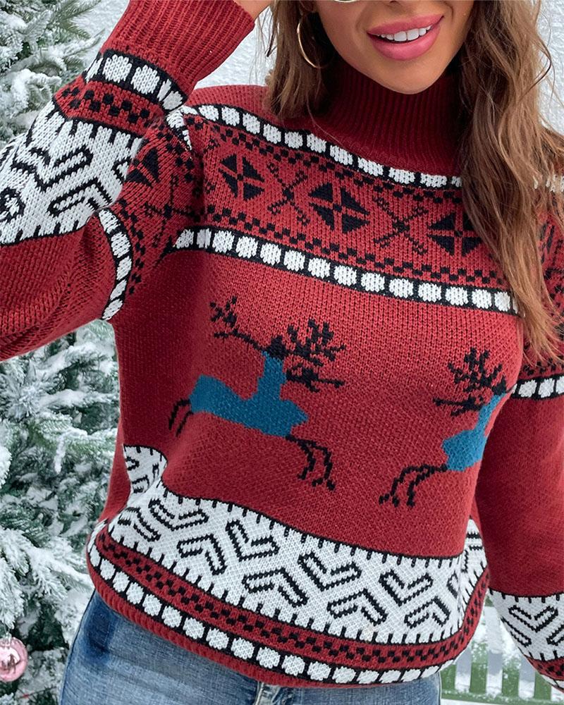 

Christmas Elk Pattern High Neck Sweater, Red