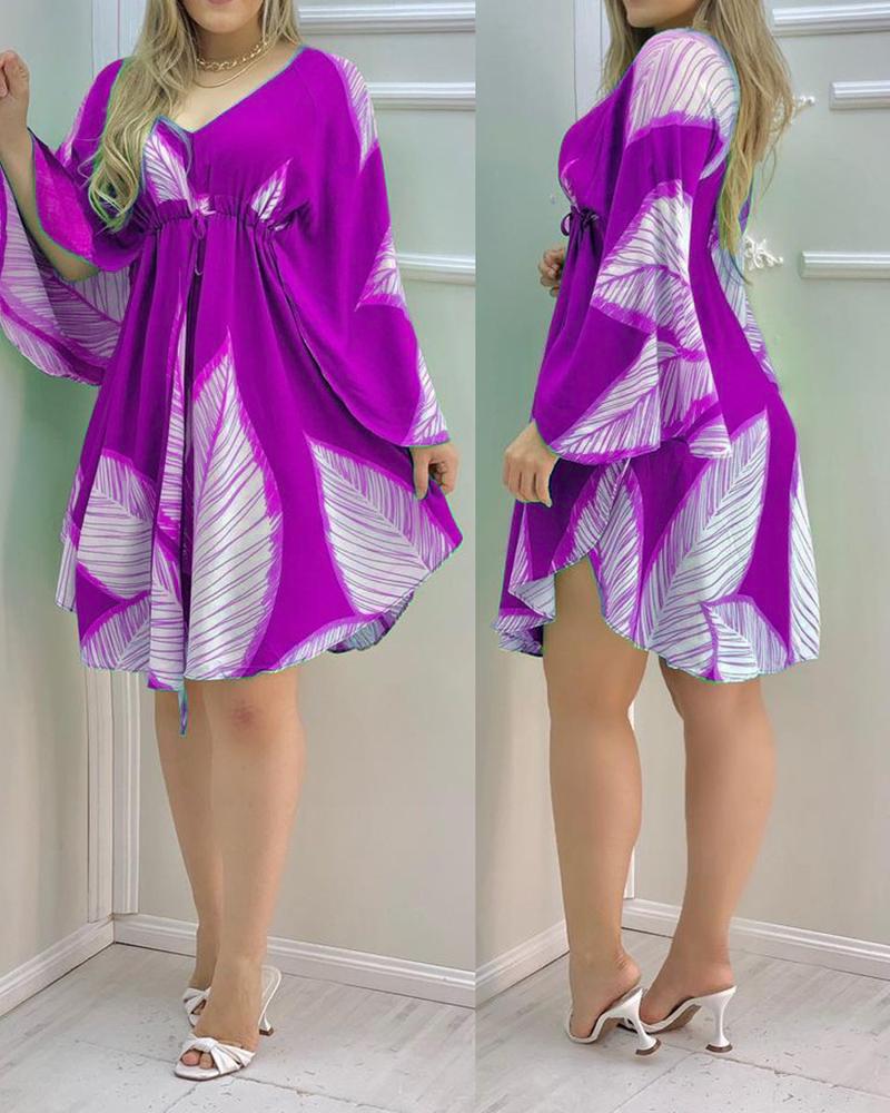 

Leaf Print Ruffles Sleeve Ruched V-Neck Dress, Purple