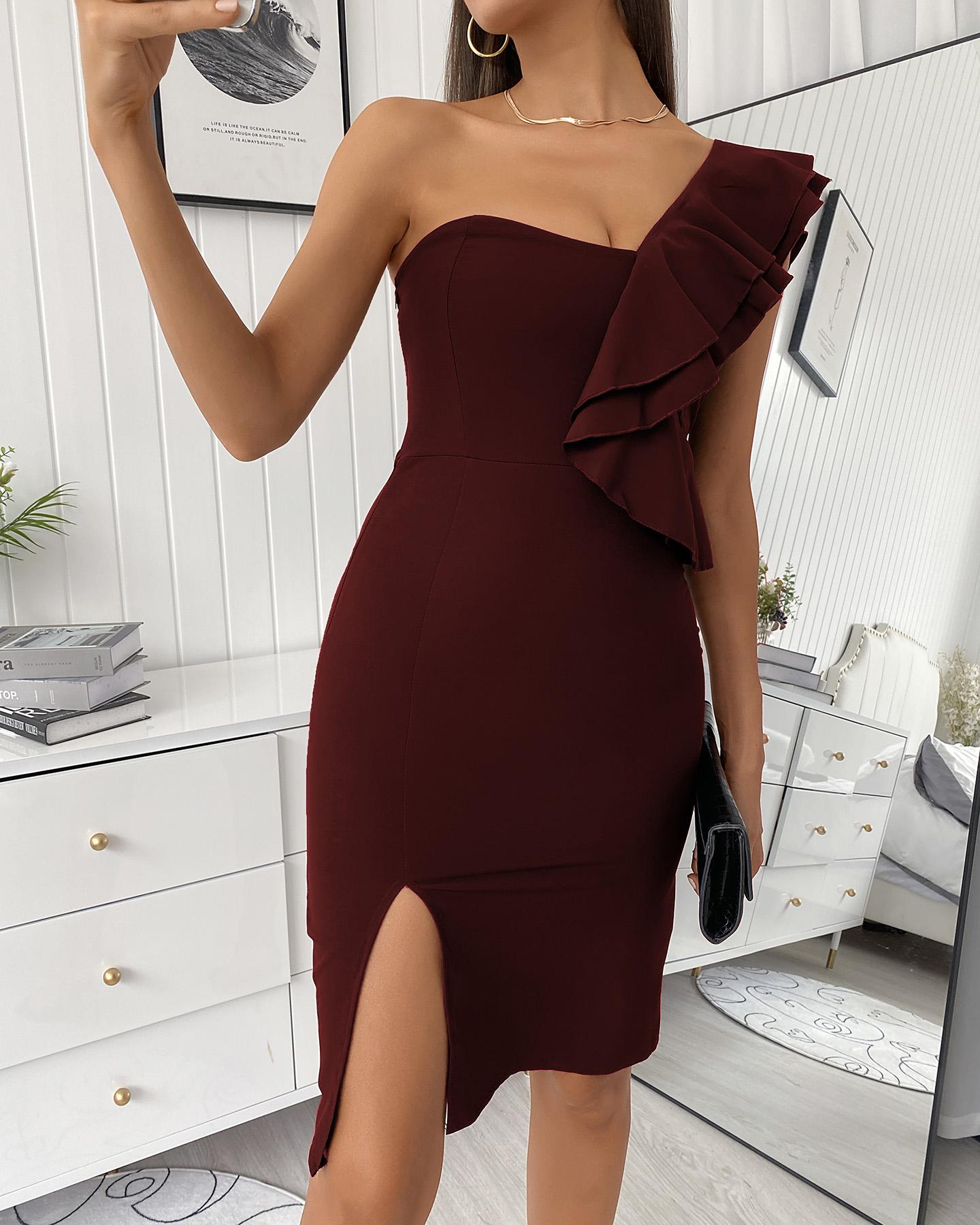 

One Shoulder Ruffles Slit Midi Dress, Red