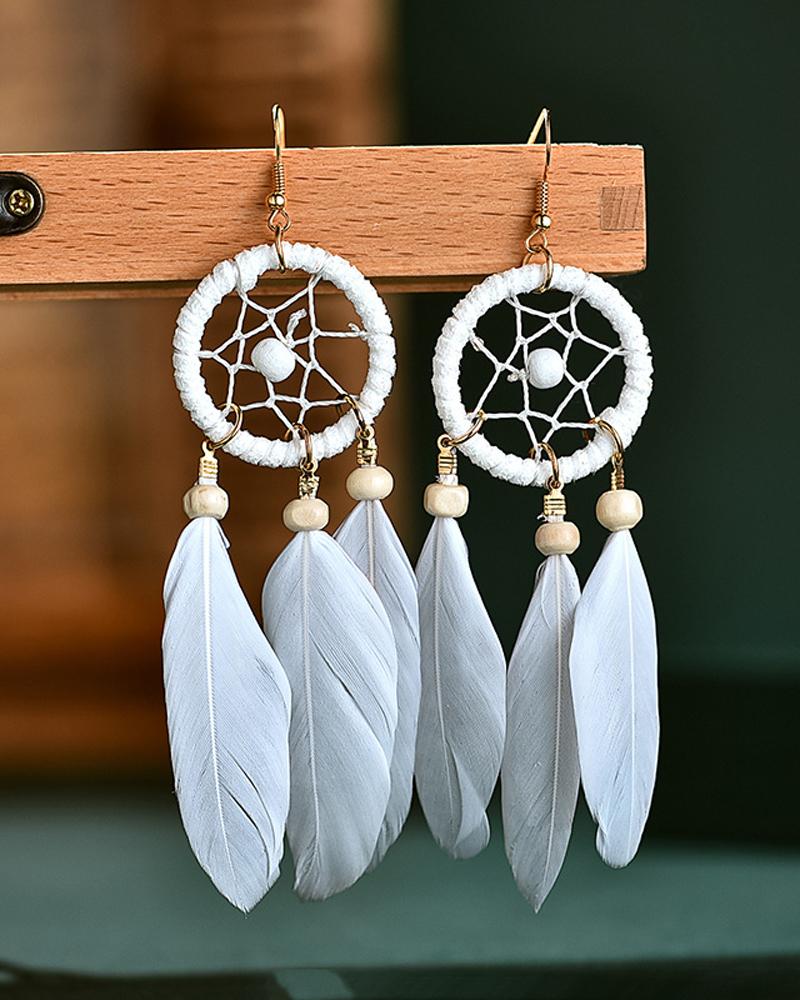 

1Pair Beaded Feather Decor Dream Catcher Shaped Drop Earrings, White