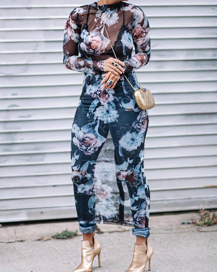 

Floral See Through Bodycon Midi Dress, Purple
