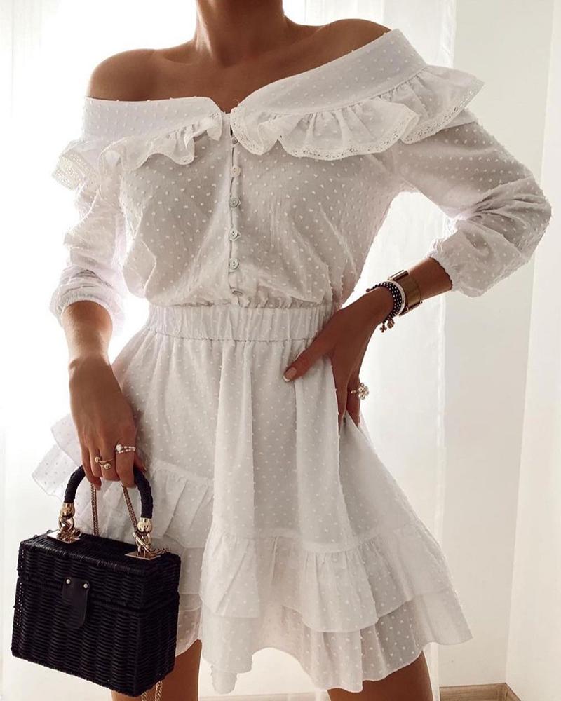 

Swiss Dot Button Front Layered Ruffles Casual Dress, White
