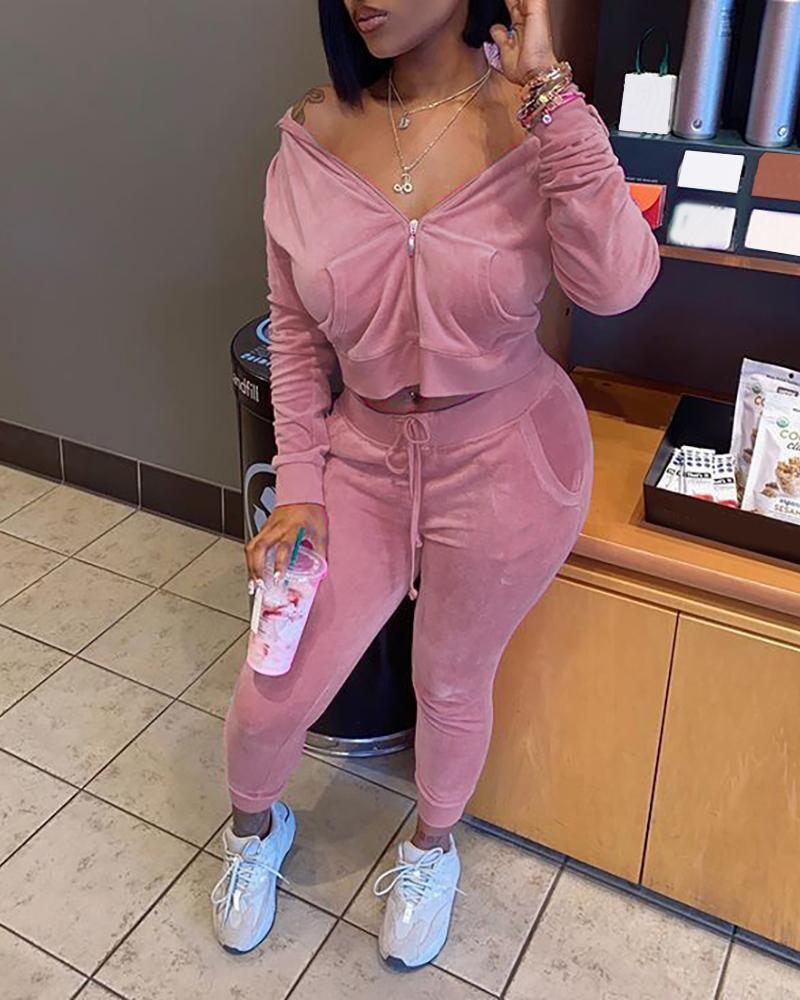 

Plain Zipper Design Hooded Top & Drawstring Pants Set, Pink