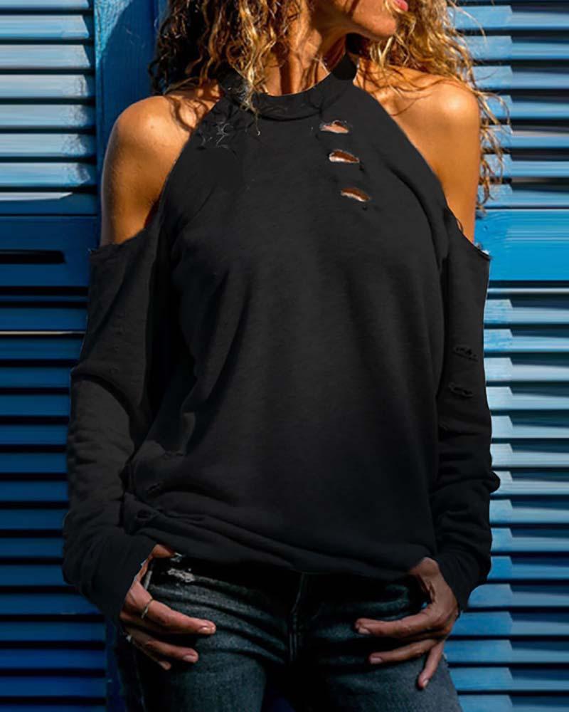 

Cold Shoulder Ribbed Cutout Casual Top, Black