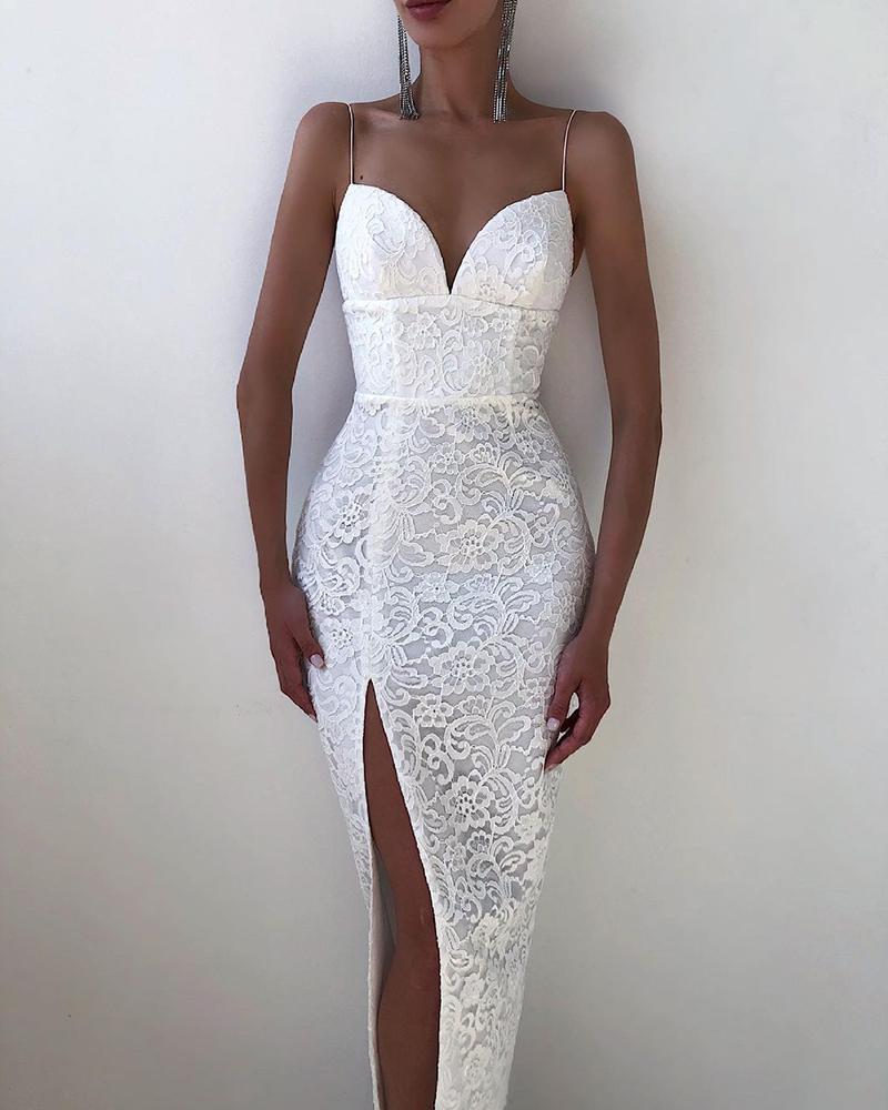 

Soild Color Spaghetti Strap Lace Slit Midi Dress, White