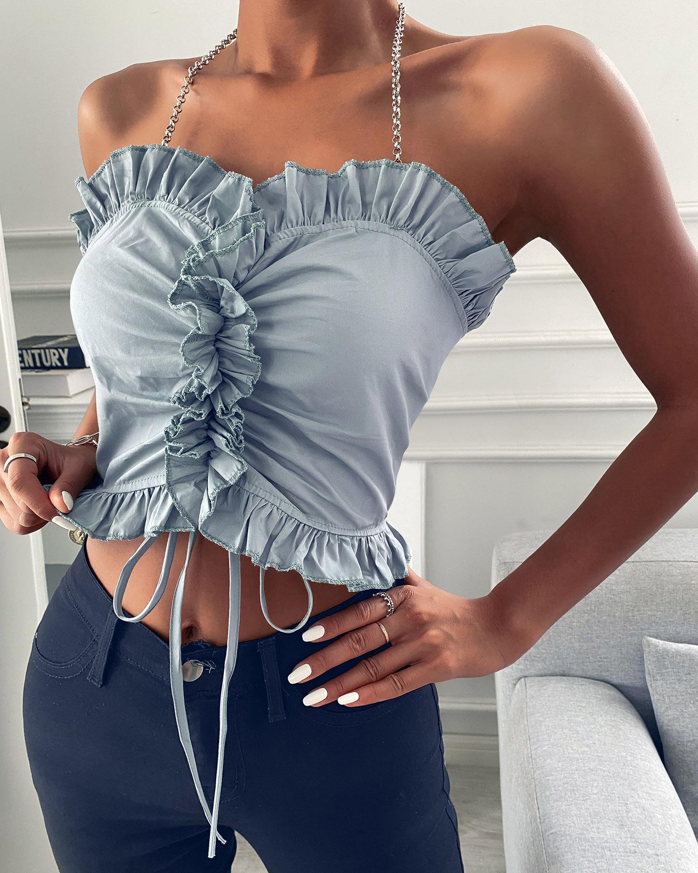 

Chain Strap Halter Frill Hem Crop Top, Light blue