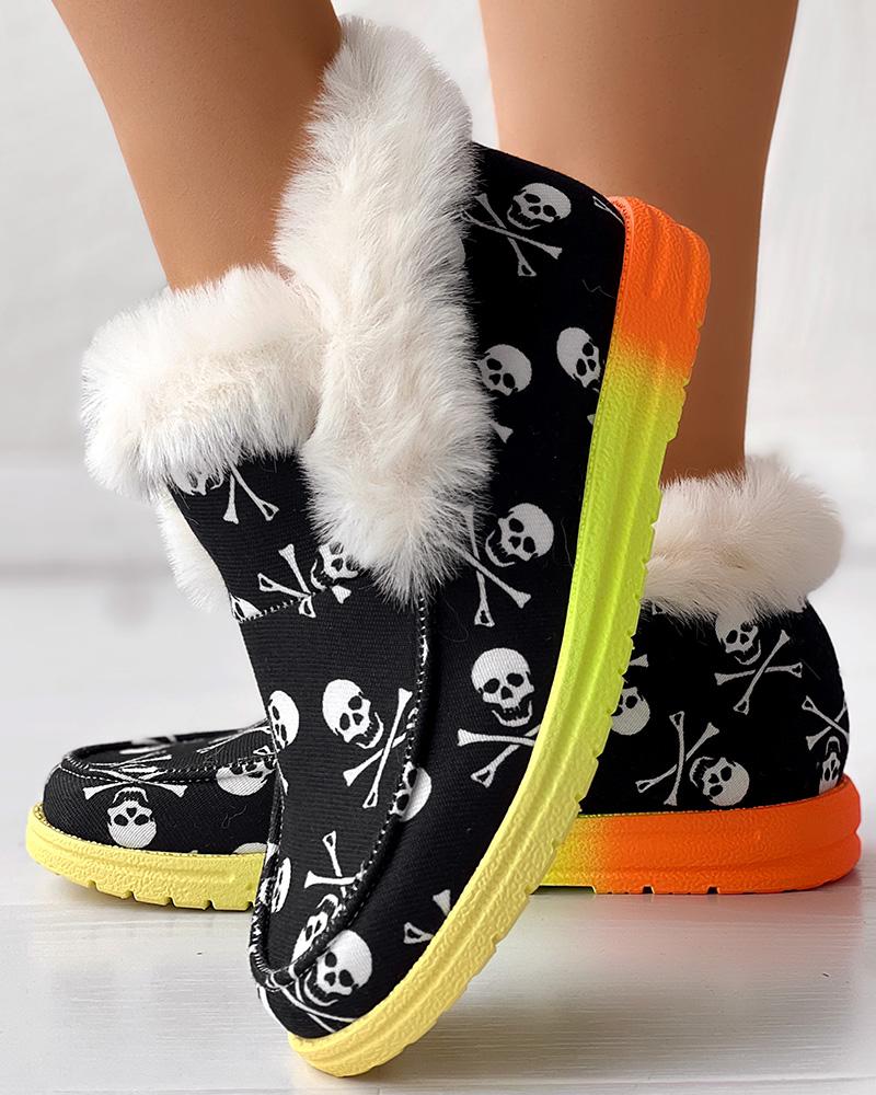 Halloween Skeleton Pumpkin Print Fuzzy Detail Lined Ankle Boots