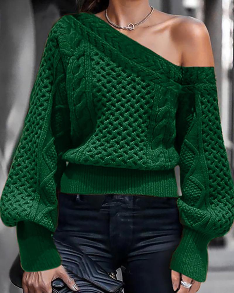 

Plain Cable Knit Lantern Sleeve Knit Sweater, Green