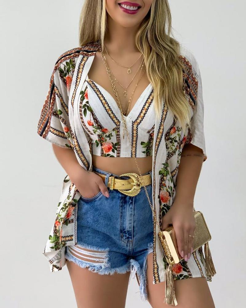 

Floral Print Crop Top & Ruffles Cover Up Set, White