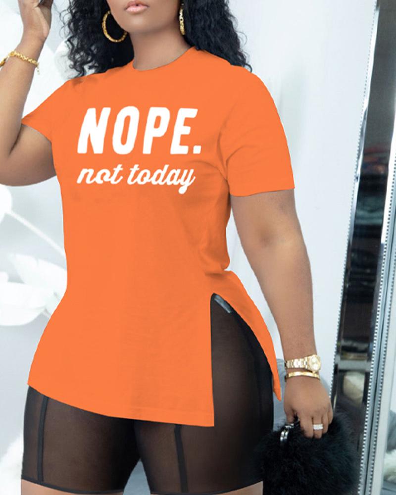 

Letter Print Split Hem Top & Sheer Mesh Shorts Set, Orange