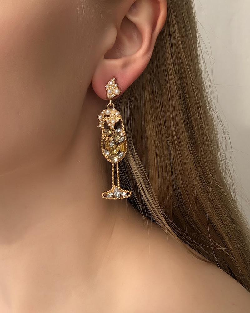 

1Pair Goblet Pattern Rhinestone Beaded Drop Earrings, Gold