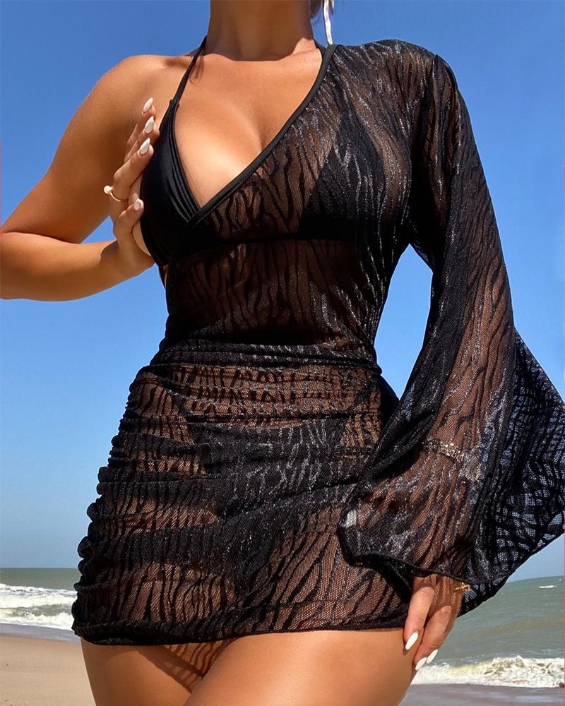 

One Shoulder Ruched Flocked Sheer Mesh Cover Up Beach Dress, Black