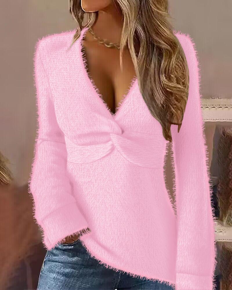 

Fuzzy Twisted V-Neck Long Sleeve Top, Pink