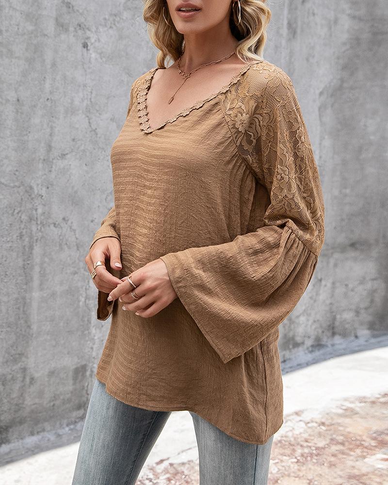 

Crochet Lace Bell Sleeve V Neck Top, Khaki
