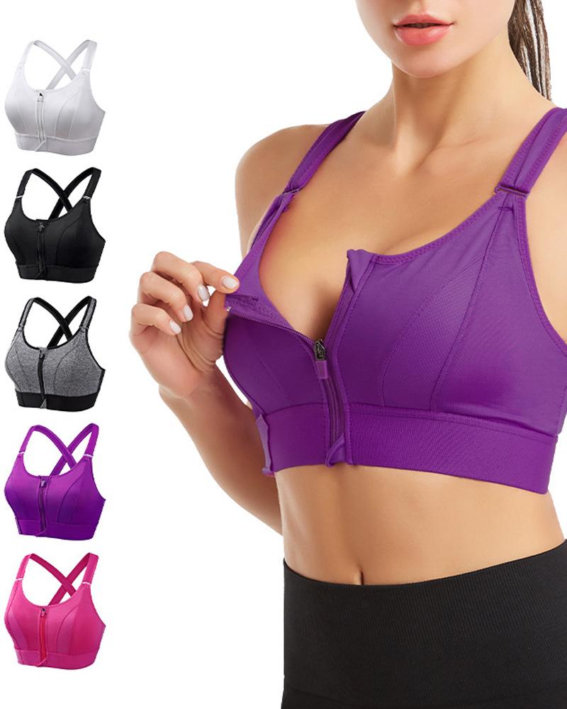 

Zip Front Crisscross Backless Active Top, Purple