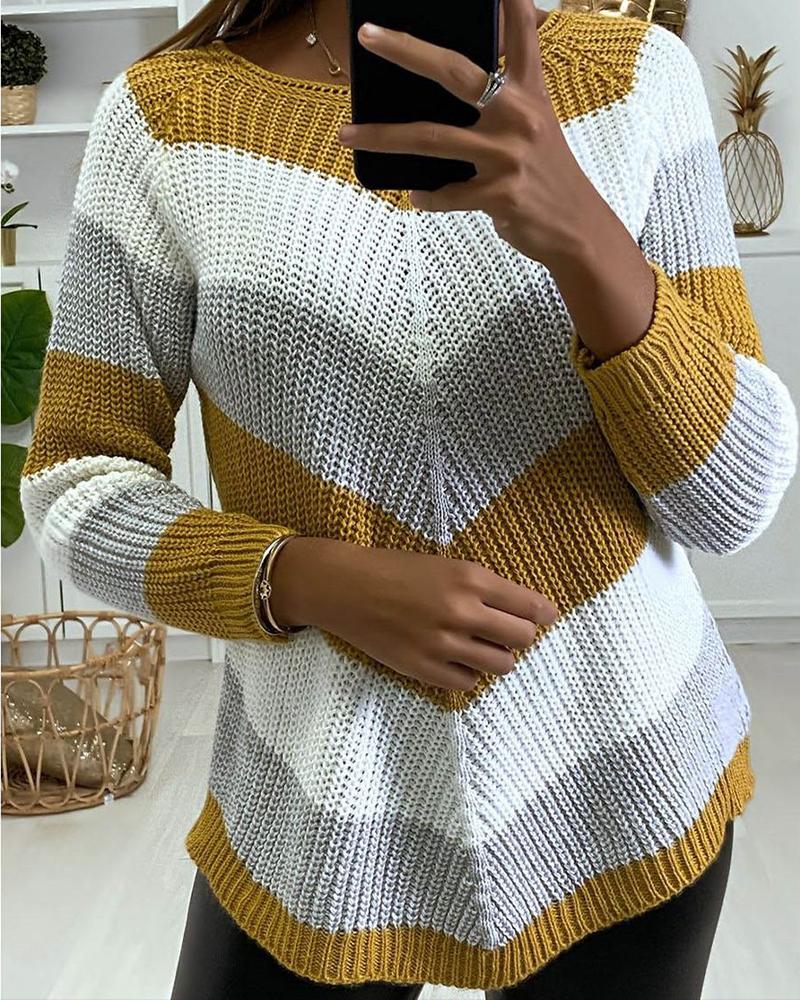 

Chevron Pattern Colorblock Long Sleeve Knit Sweater, Yellow