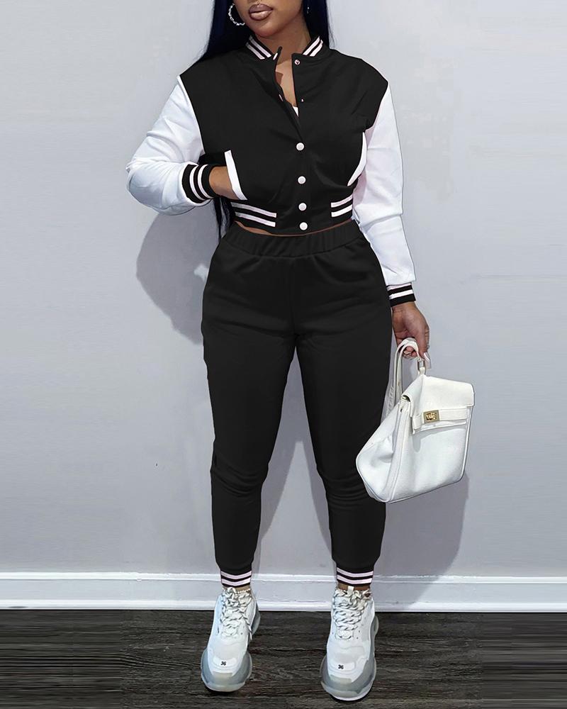 

Colorblock Striped Baseball Jacket & High Waist Pants Set, Black