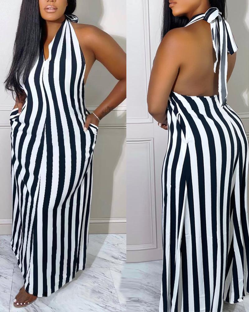 

Striped Print Halter Backless Maxi Dress, Blackwhite