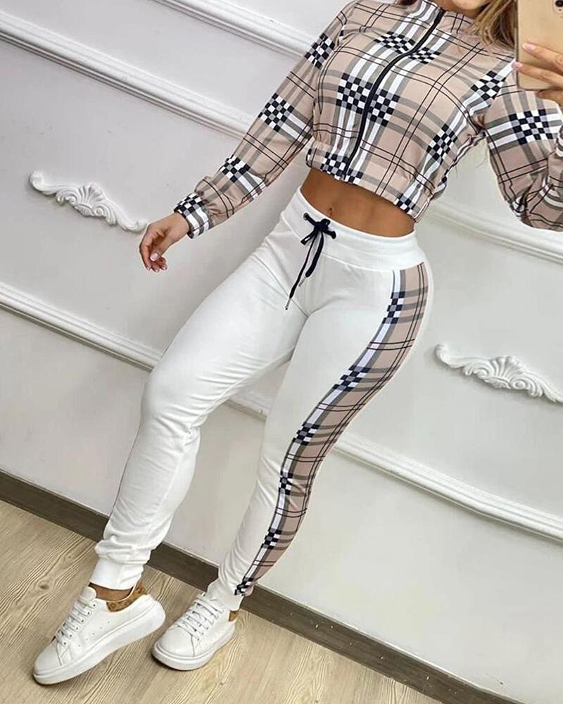 Plaid Print Zip Up Crop Top & Drawstring Pants Set