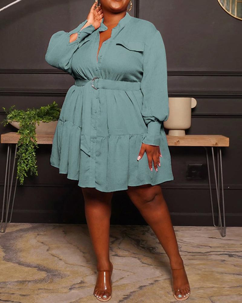 

Plus Size Long Sleeve Ruffle Hem Belted Shirt Dress, Green