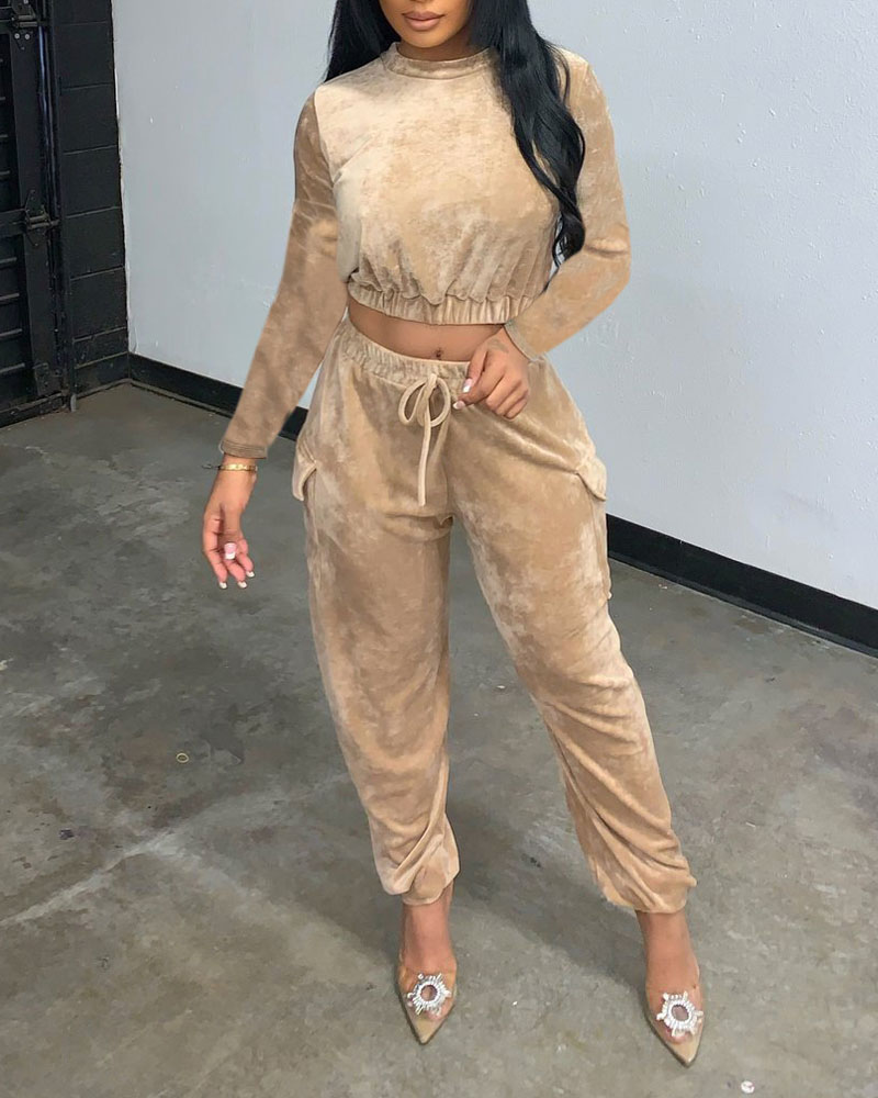 

Velvet Crop Top & Flap Pocket Drawstring Pants Set, Champagne