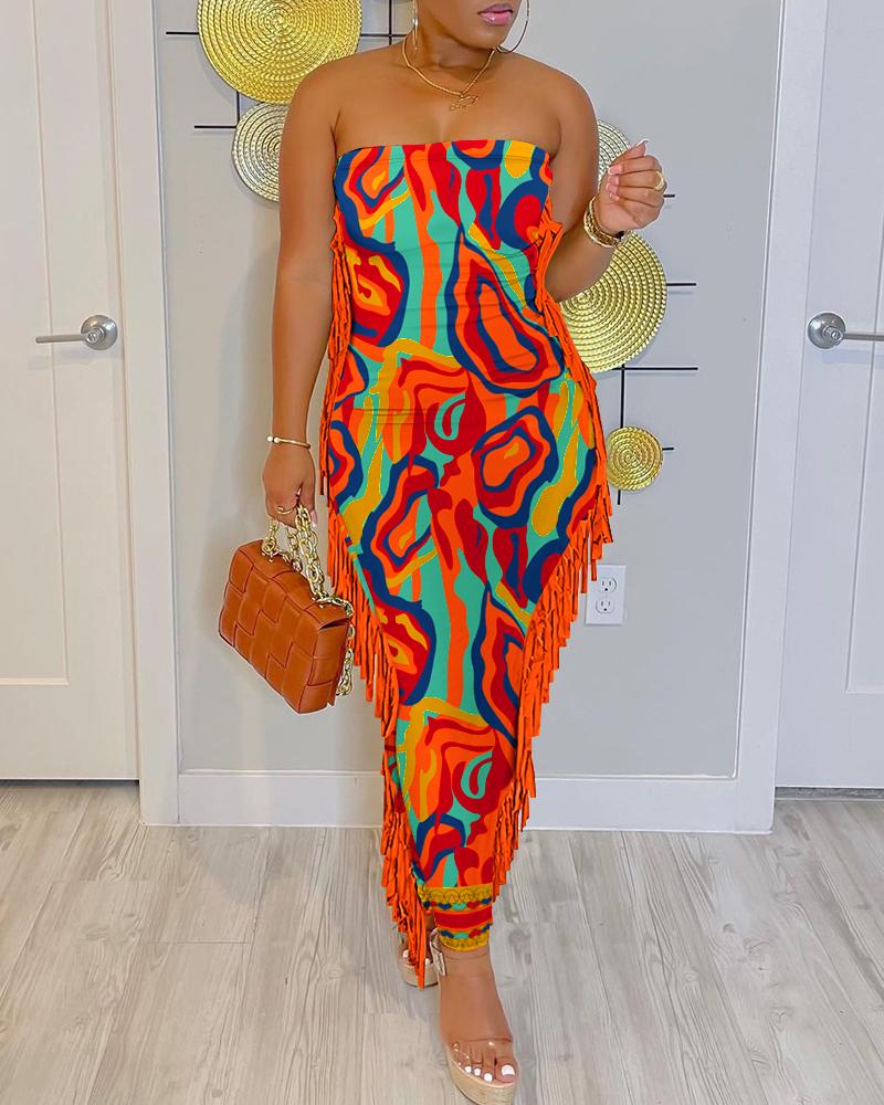 

Multi-Color Abstract Print Tassel Design Maxi Skims Dress, Orange