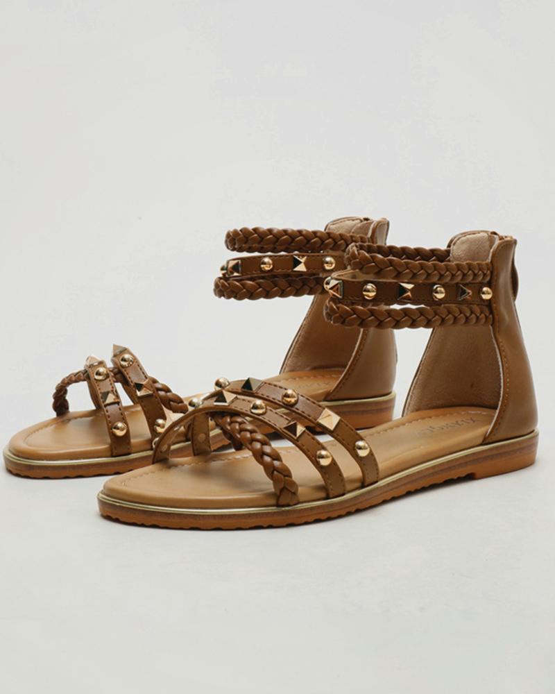 

Rome Style Round-toe Solid Color Splicing Studded Weave Flat Sandals, Brown