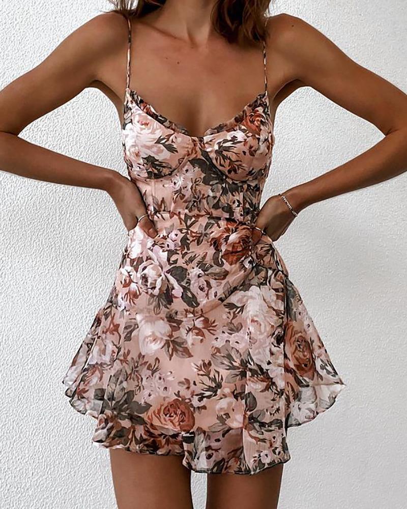 

Floral Print Ruffle Hem Backless Casual Dress, Pink