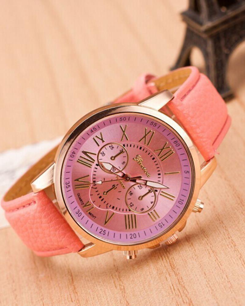 

1pc Leather Band Quartz Watch, Pink