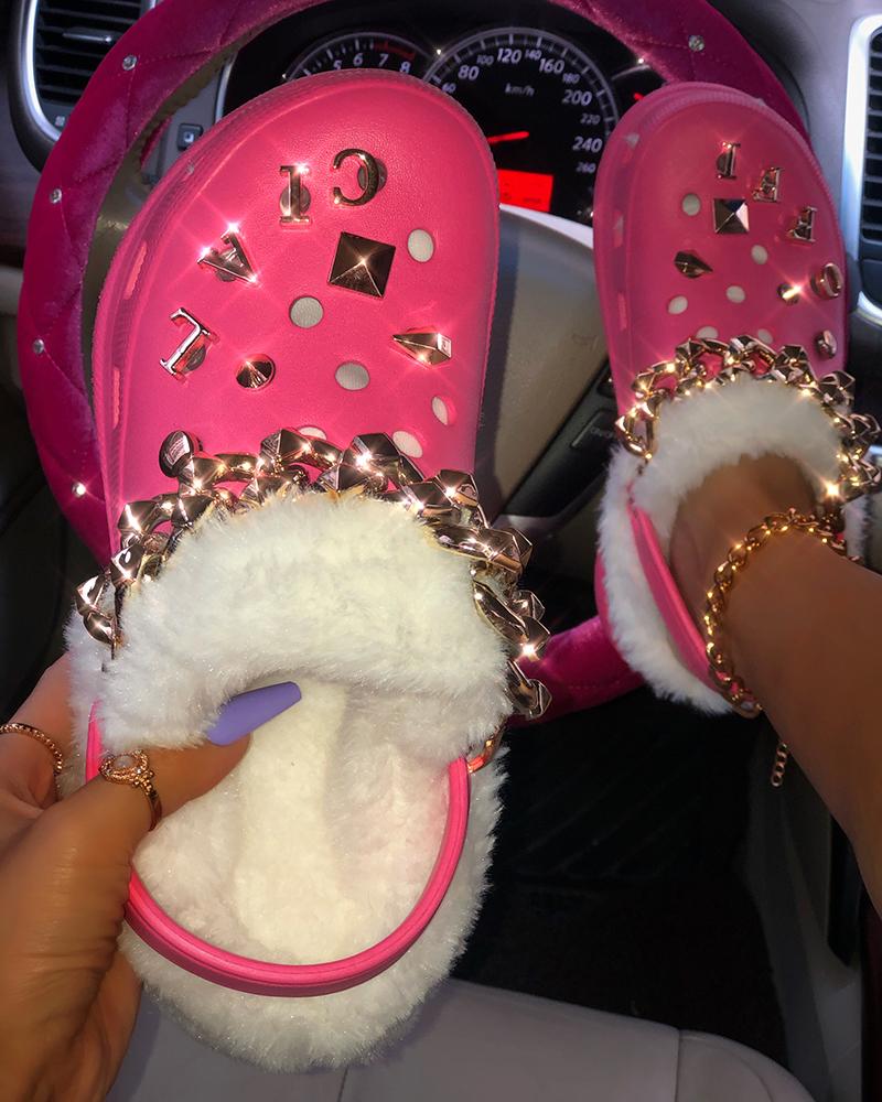 

Letter Geometric Metal Chain Decor Fluffy Clogs, Hot pink