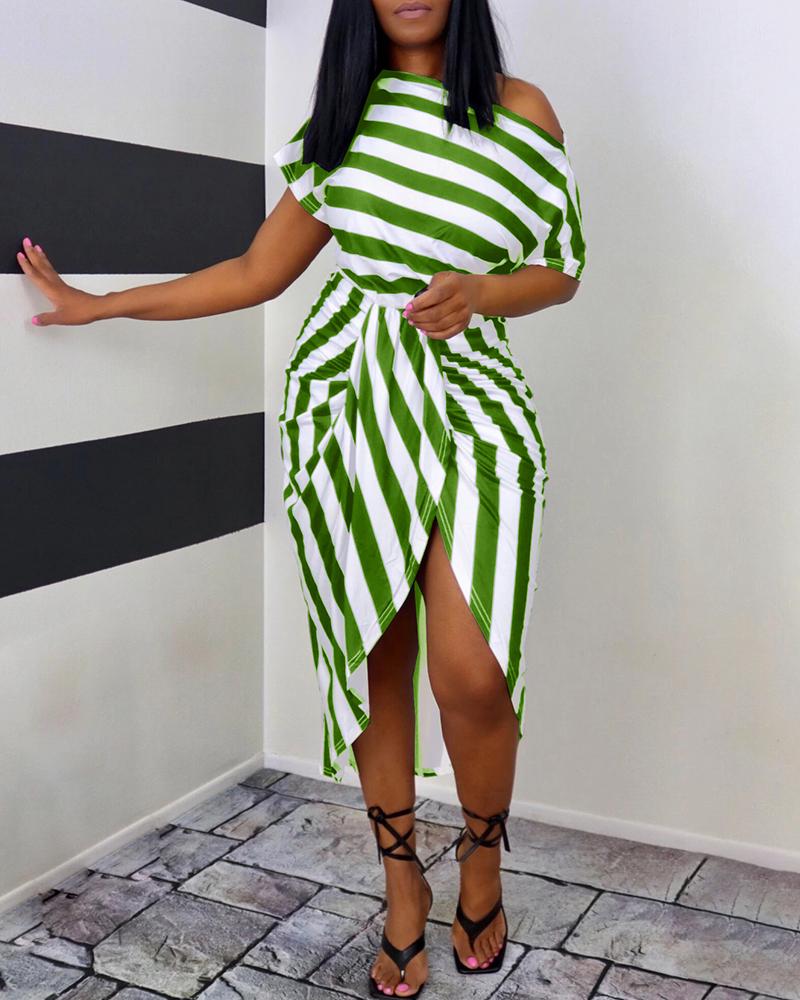 

Plus Size Cold Shoulder Striped Print Ruched Casual Dress, Green