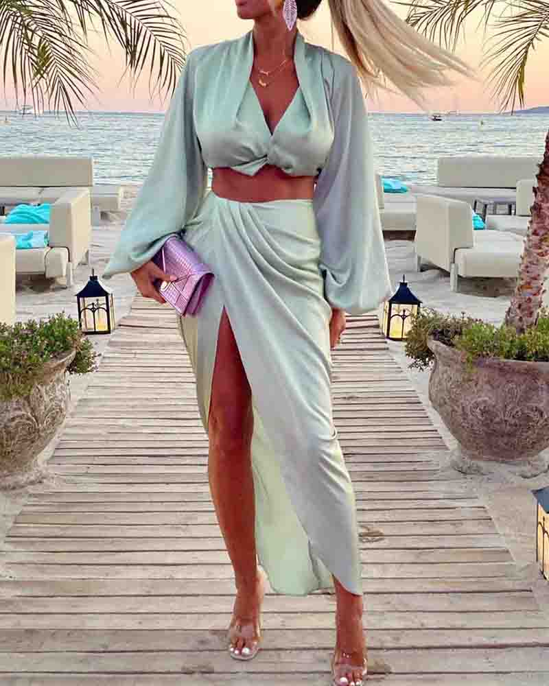 

Solid Long Sleeve Blouse With Slit Skirts Suit Sets, Green