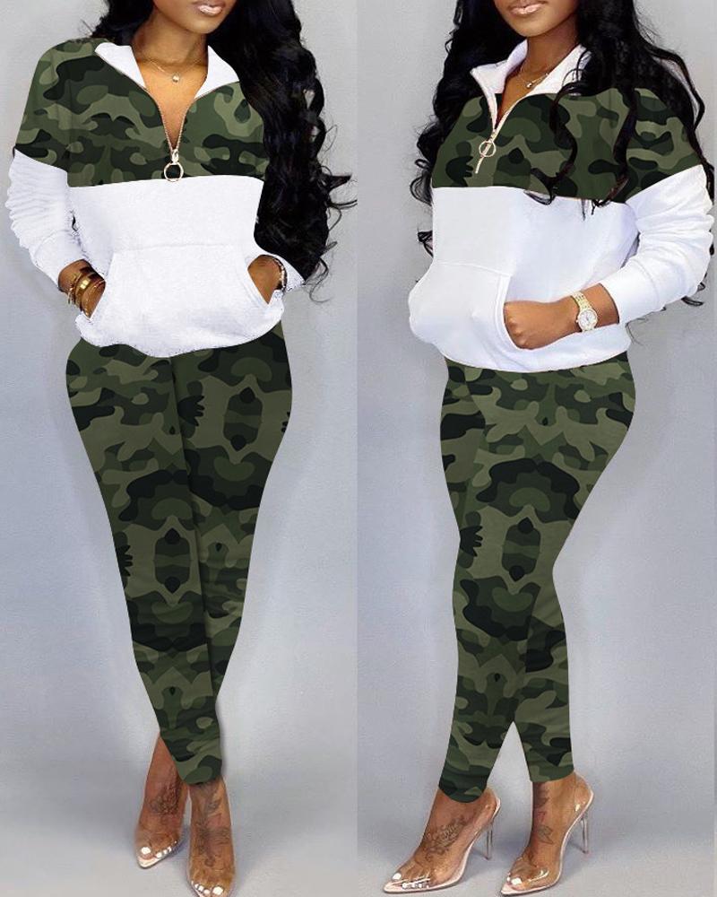 

Camo Print Zip Front Long Sleeve Top & Pants Set, Green