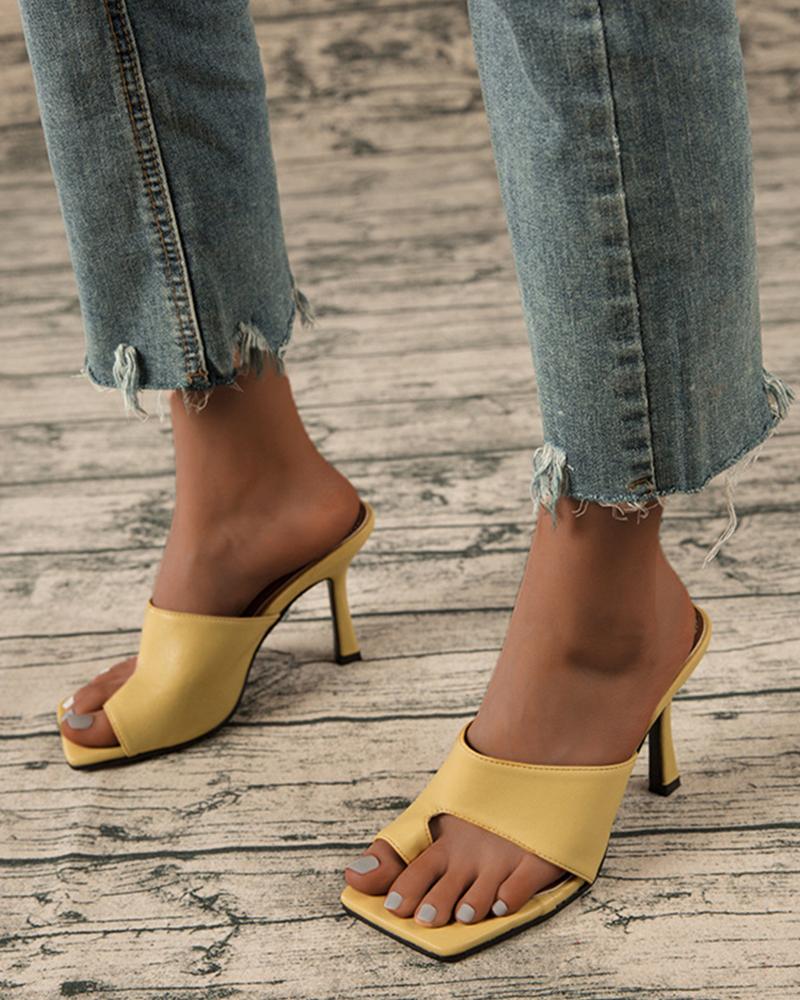 

Solid Post-toe Sqaure-toe High Heel Sandals, Yellow