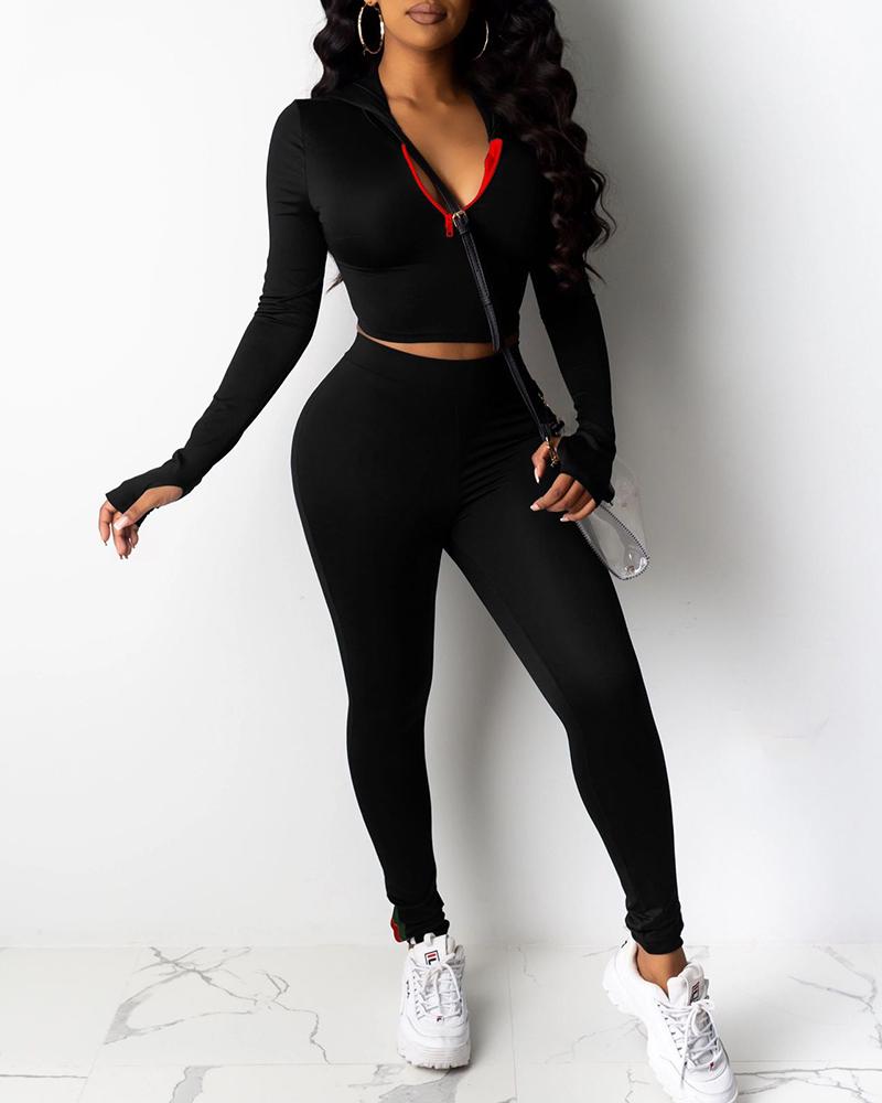 

Solid Long Sleeve Skinny Hoodies Sweatshirts Suit Sets, Black