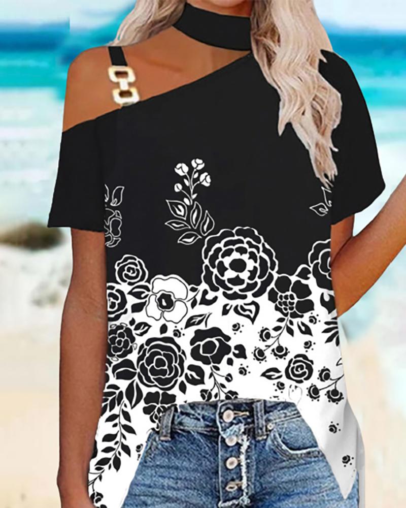 

Floral Print Cold Shoulder Chain Decor T-shirt, Black