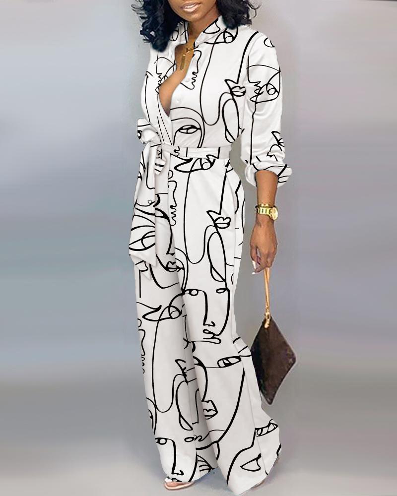 

Abstract Figure Print Button Front Belted Jumpsuit, White