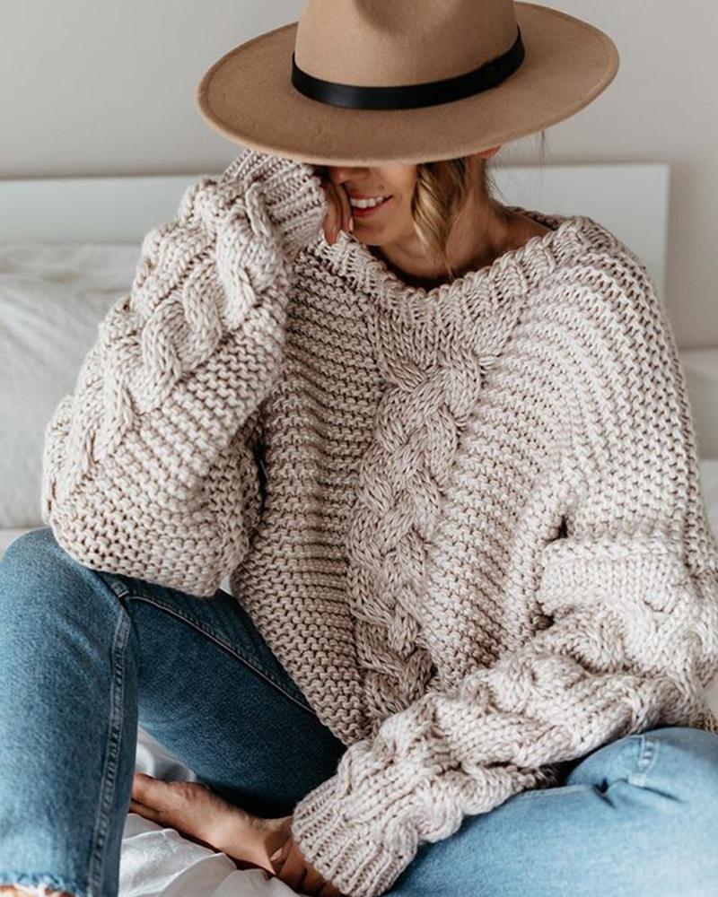 

Casual Solid V-neck Loose Sweater, Beige
