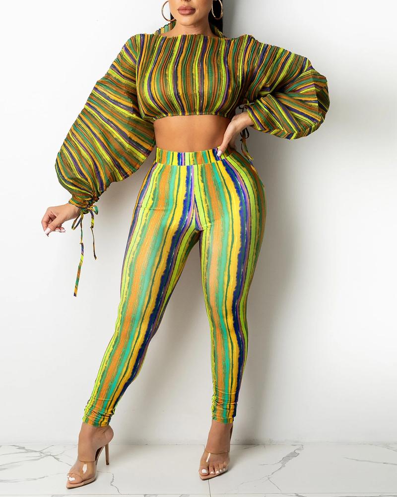 

Rainbow Stripe Drawstring Lantern Sleeve Crop Top & Pants Set, Yellow