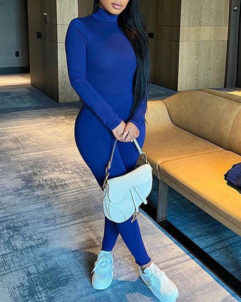 

High Neck Long Sleeve Top & Pants Set, Blue
