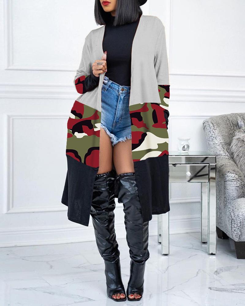 

Cheetah Camouflage Print Pocket Design Long Sleeve Cardigan, Gray