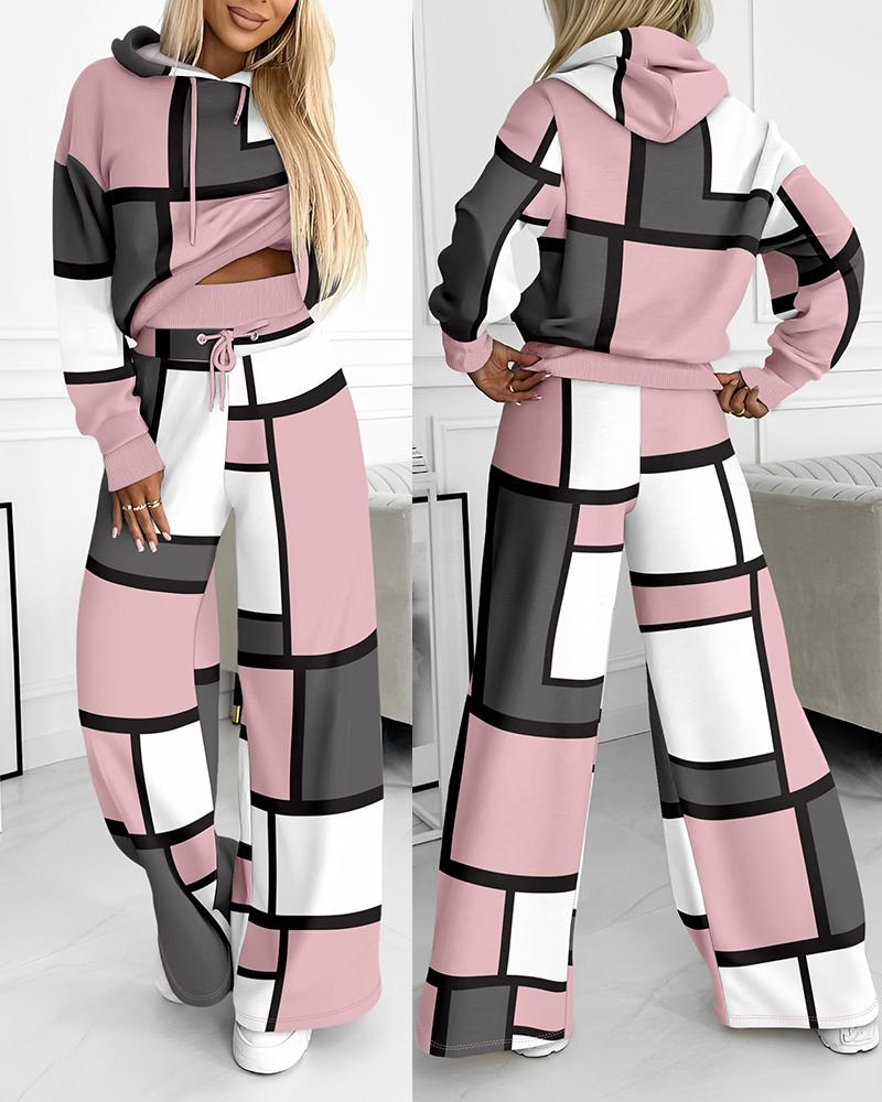 

Geometric Print Colorblok Hoodie & Wide Leg Pant Set, Pink