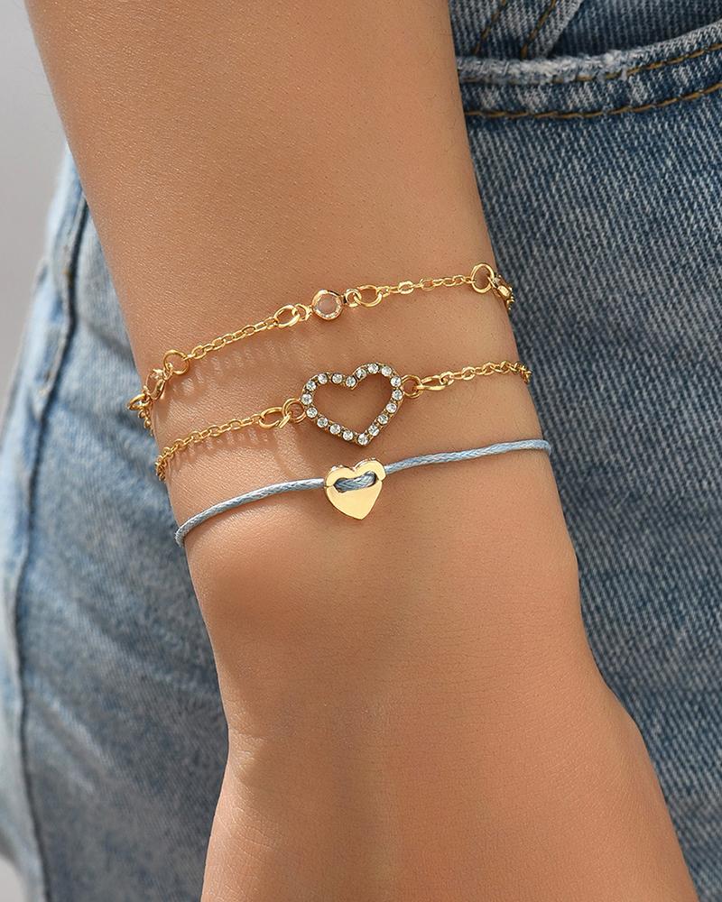 

3pcs Heart Pattern Chain Bracelet Set, Gold